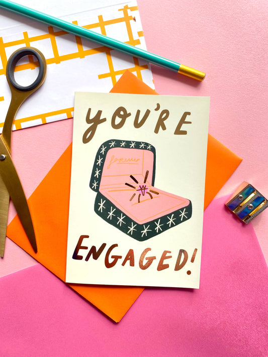 Kerrie Illustrates - You're Engaged Congratulations Couple Gold Greetings Card 