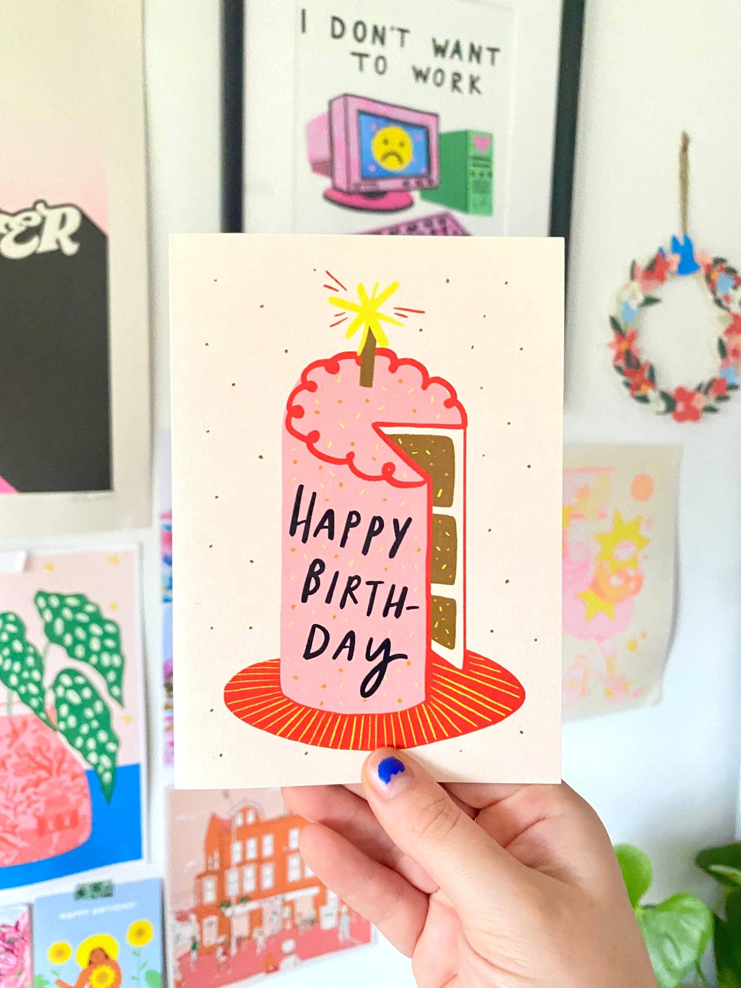 Kerrie Illustrates - Happy Birthday Pink Cake Greeting Card | Bday Friend Sister 