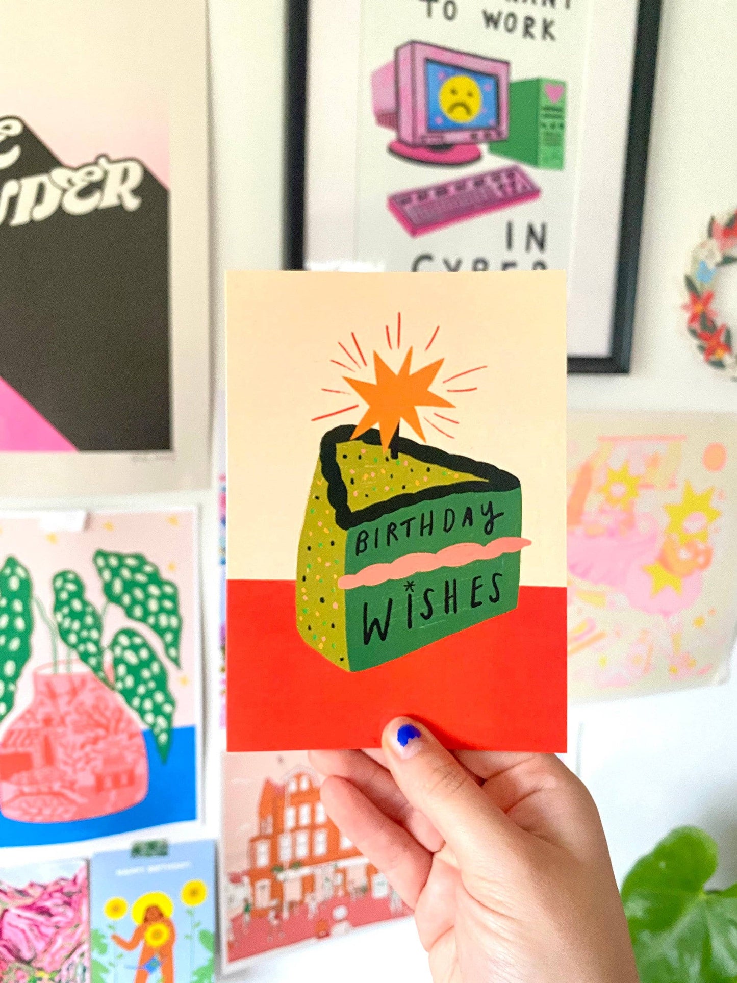 Kerrie Illustrates - Birthday Wishes Green Cake Greetings Card | Bday Celebrate 