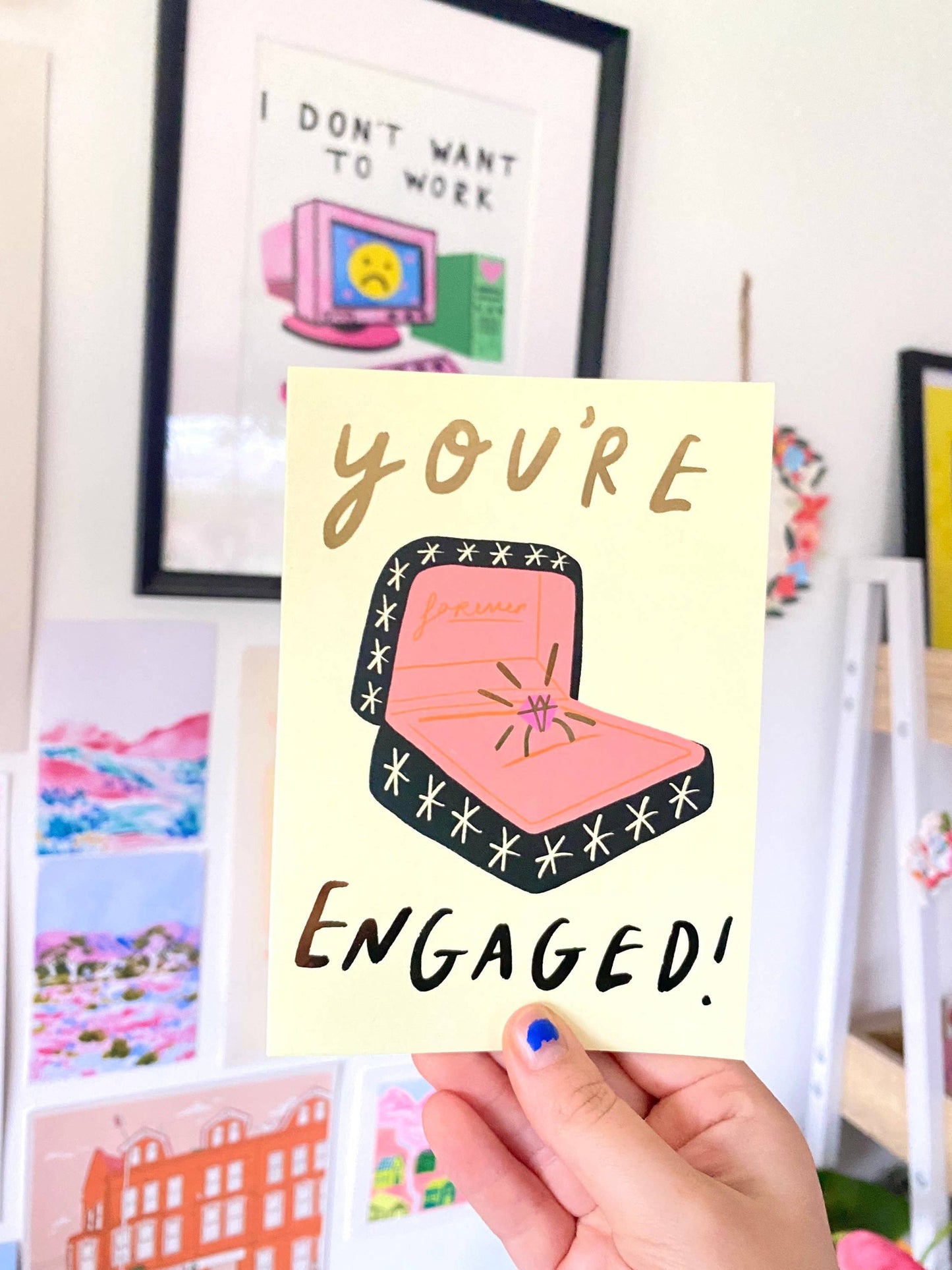 Kerrie Illustrates - You're Engaged Congratulations Couple Gold Greetings Card 