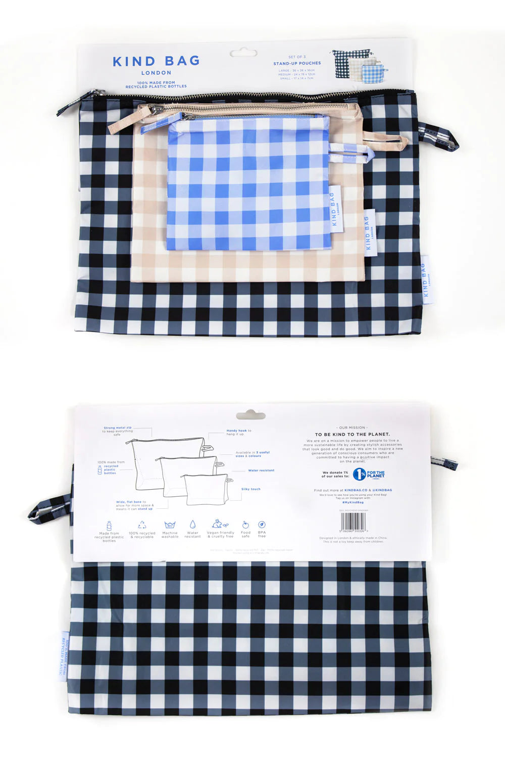 Kind Bag Pouches, set of 3 - Gingham