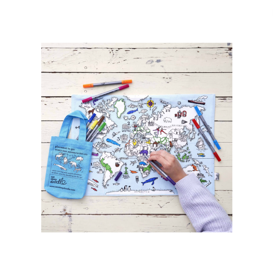 World map; animals & sea life placemat to go
