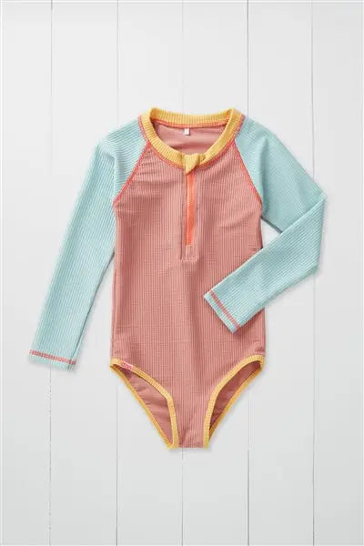 Grass & Air Rose Ribbed Kids Long Sleeve Swimsuit